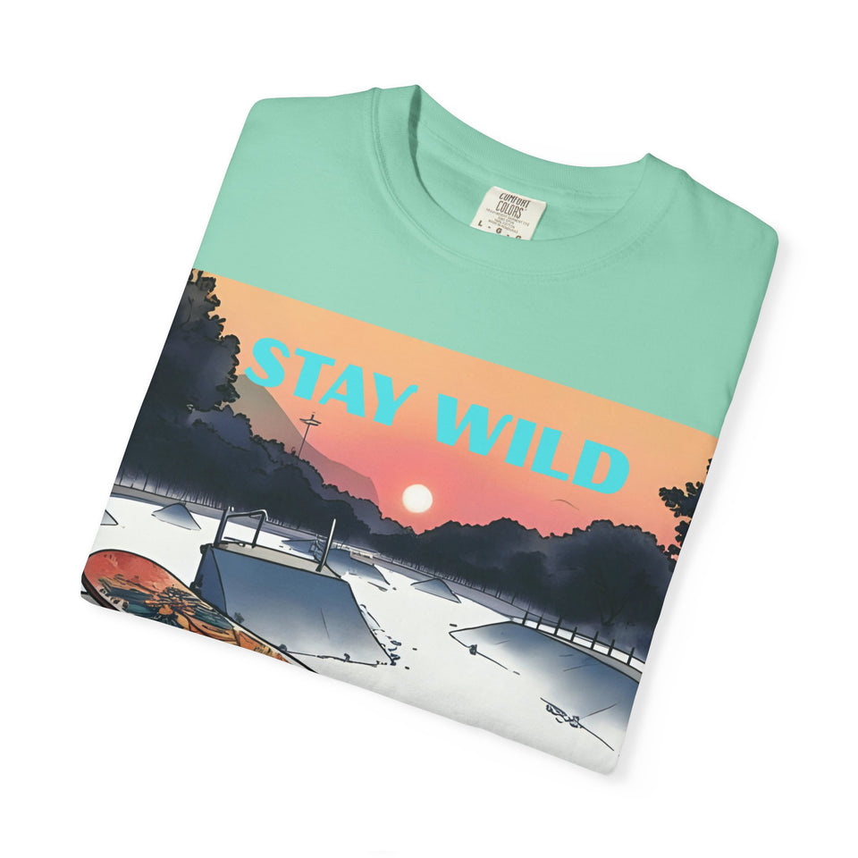 Skateboard Graphic Tee, Unisex Casual Wear, Stay Wild Shirt, Perfect for Skaters and Nature Lovers, Vintage Style T-Shirt