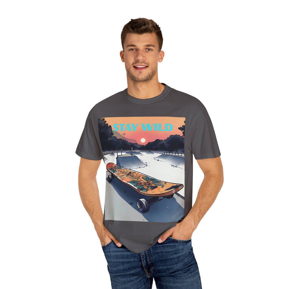 Skateboard Graphic Tee, Unisex Casual Wear, Stay Wild Shirt, Perfect for Skaters and Nature Lovers, Vintage Style T-Shirt